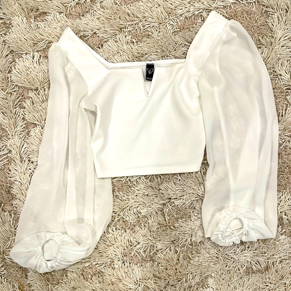 Windsor Long Sleeve Crop Top Blouse Lantern Sleeve Size Small White